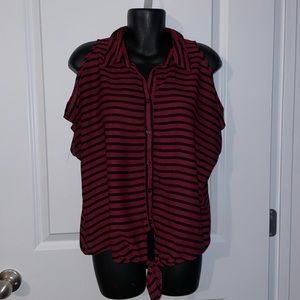 Maroon and Black striped button down cold shoulder blouse